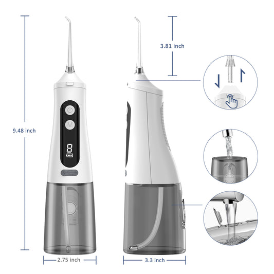 Water Flosser Portable Oral Irrigator with LED Digital Display White