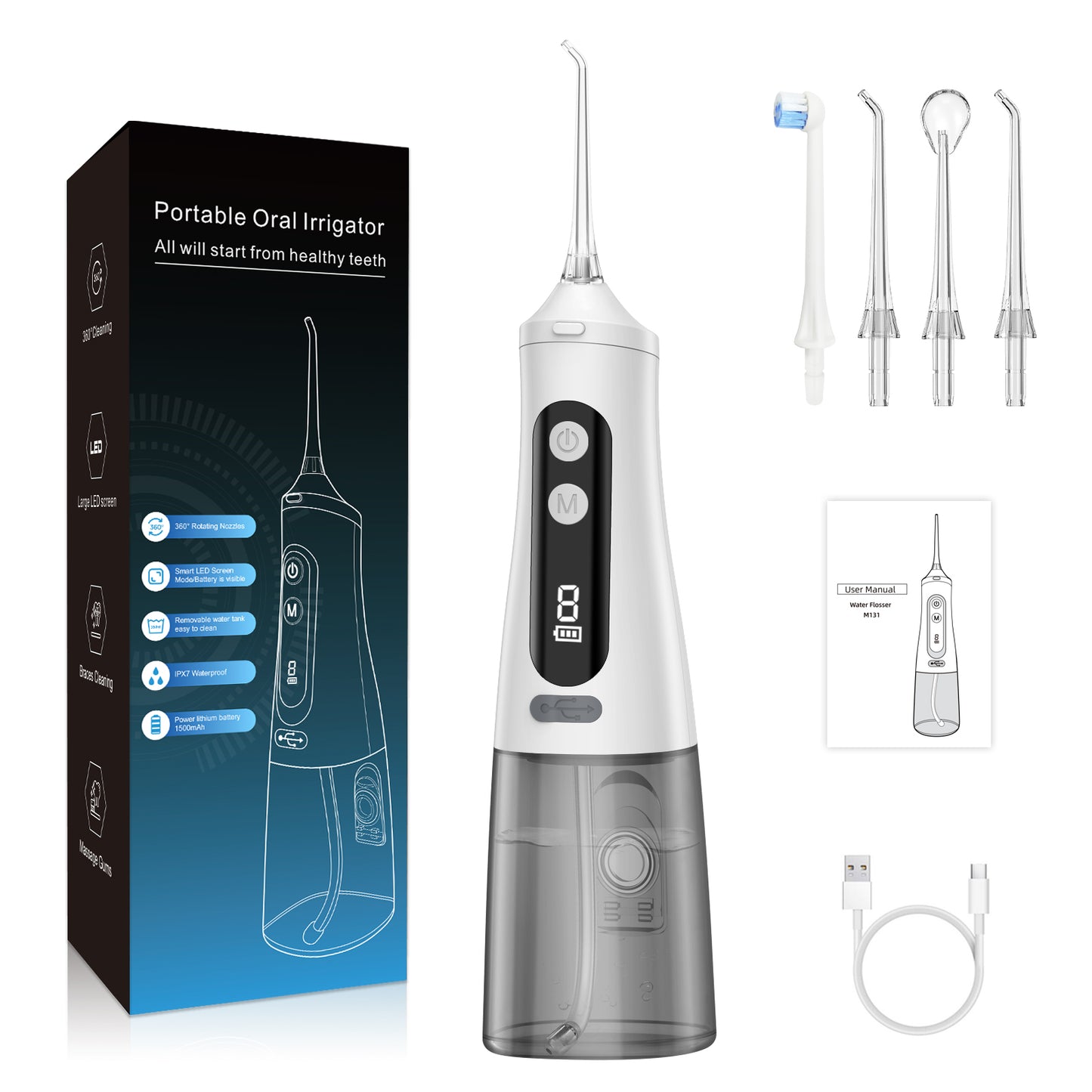 Water Flosser Portable Oral Irrigator with LED Digital Display White