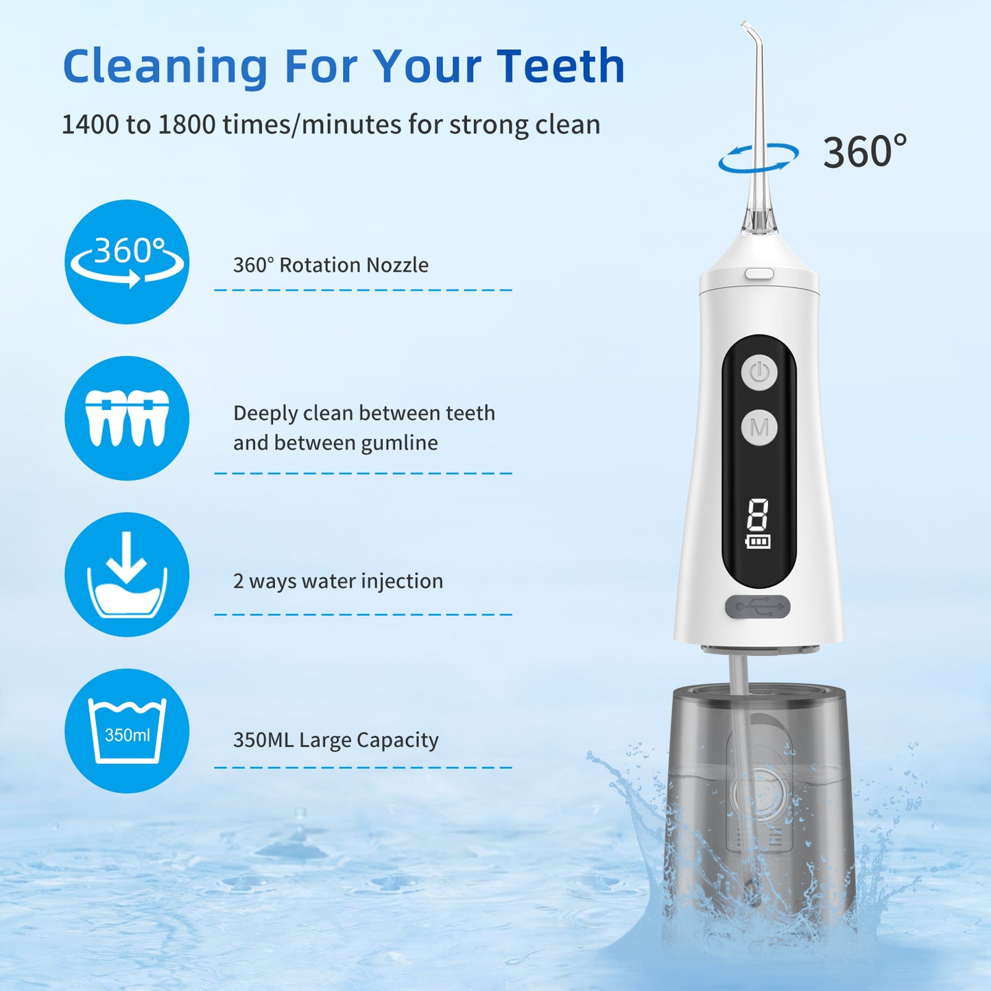 Water Flosser Portable Oral Irrigator with LED Digital Display White