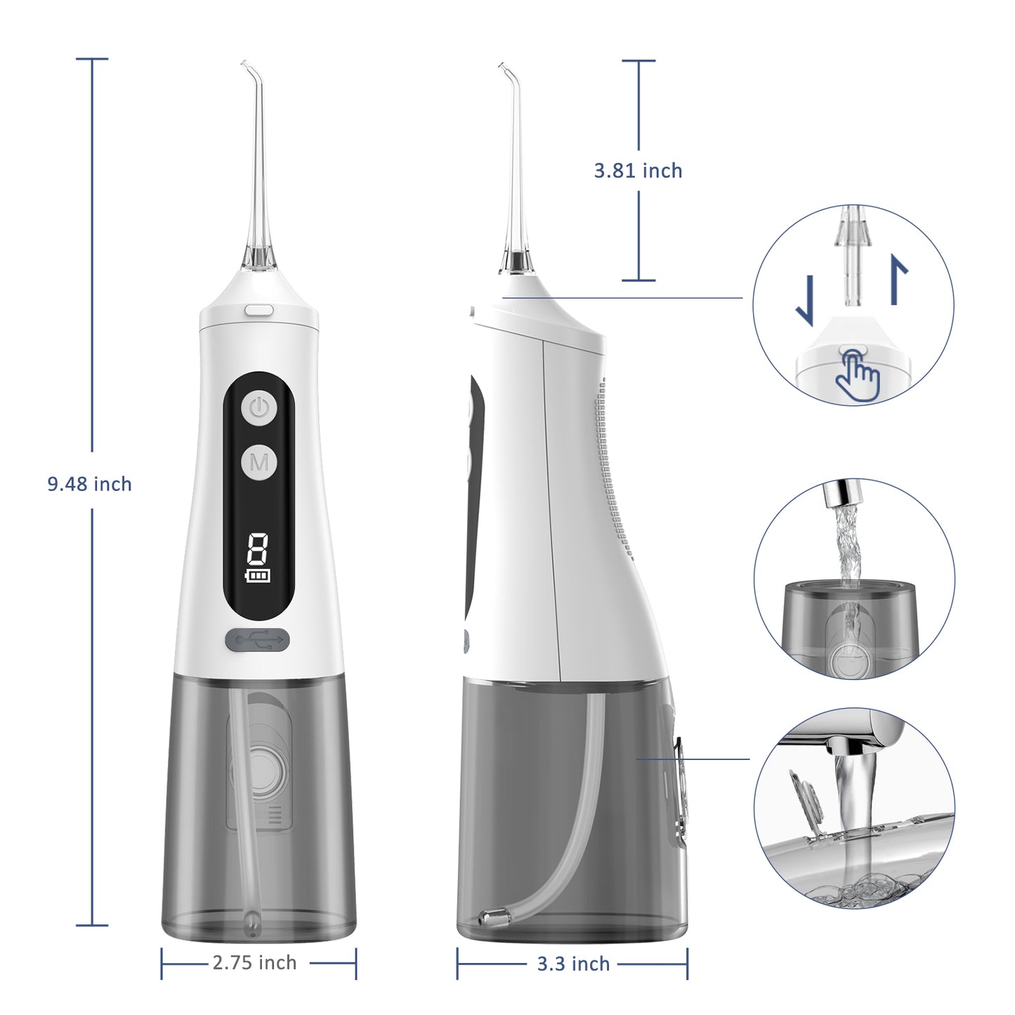 Water Flosser Portable Oral Irrigator with LED Digital Display White